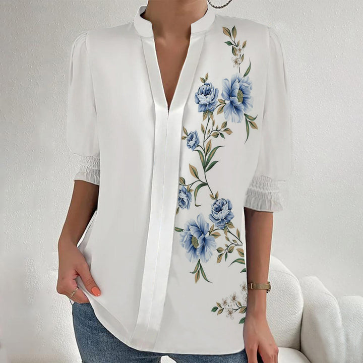 Women Floral Print Tunic Blouse with Stand Collar, Slit V-Placket and Gathered 3/4 Sleeves Mune Fashion