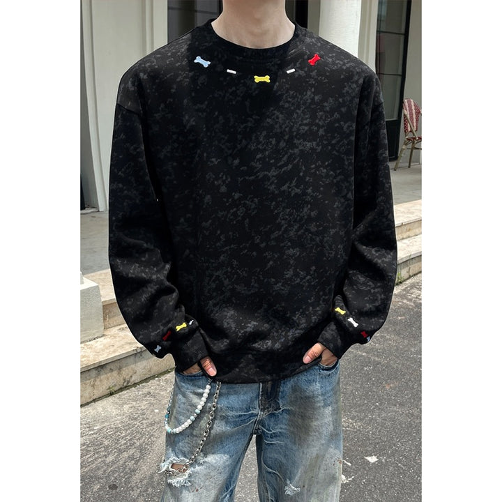 Men's Oversize Sweatshirt with Marble Effect and Colorful Bone Embroidery Mune Fashion