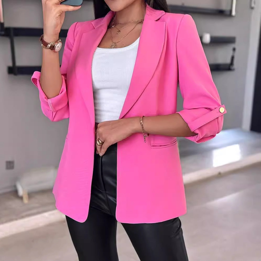 Women's tailored long blazer with rolled-up sleeves, lapel collar, and slim silhouette Mune Fashion