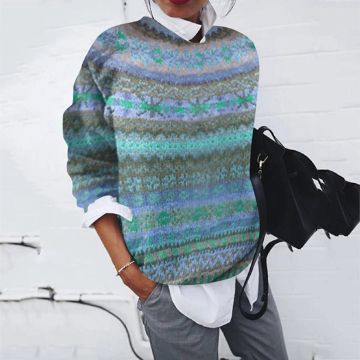 Women Loose Fair Isle Knit Sweater with Round Neck