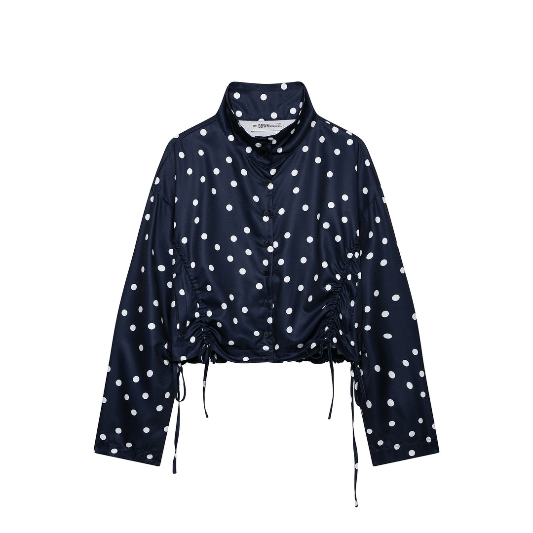 Women's Cropped Polka Dot Blouson Jacket with Standing Collar and Drawstring