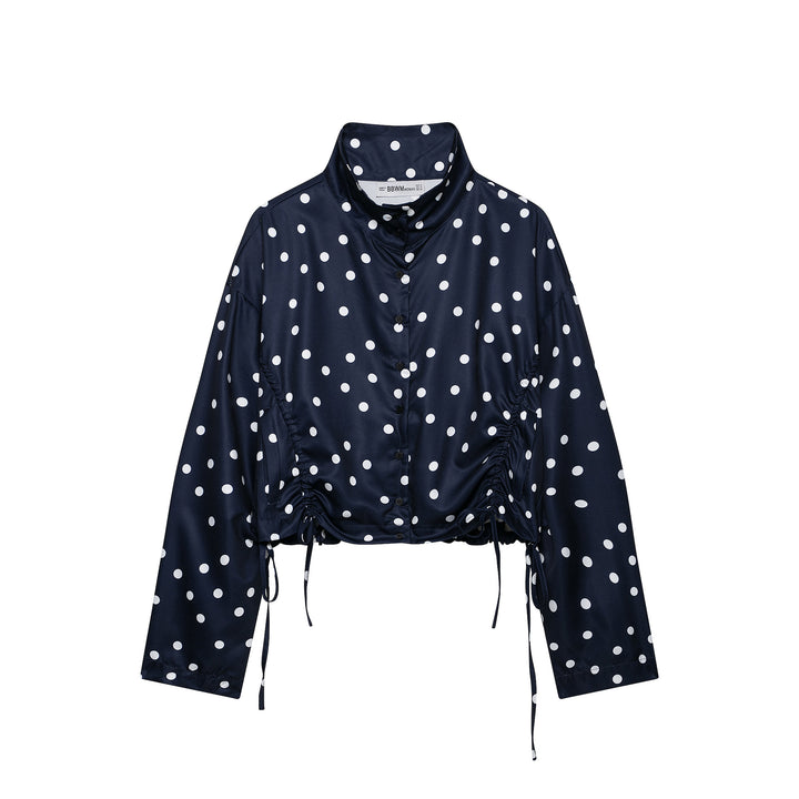 Women's Cropped Polka Dot Blouson Jacket with Standing Collar and Drawstring