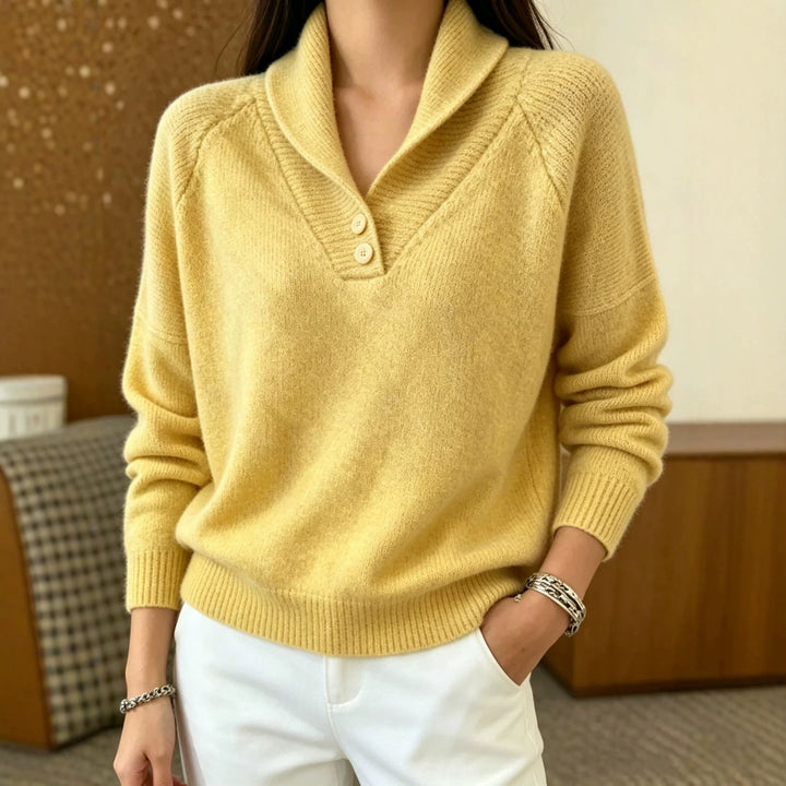 Women's Soft Shawl Collar Sweater with Half Button Placket and Raglan Sleeves Mune Fashion