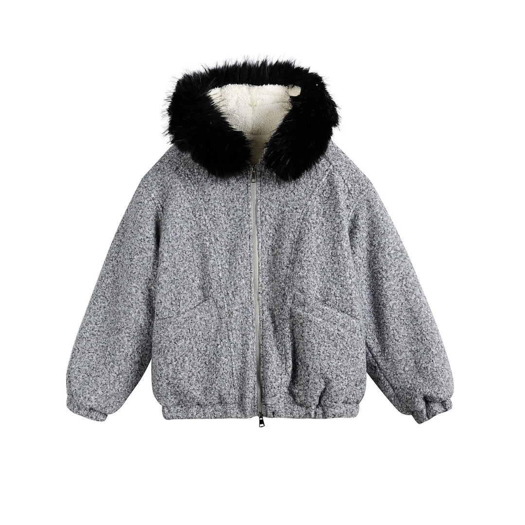 Women's Boucle Blouson Jacket with Voluminous Faux Fur Collar and Thermal Lining Mune Fashion