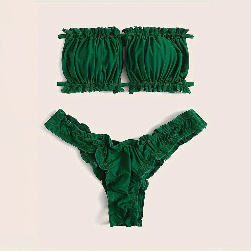 Women Bandeau Bikini Set with Elegant Ruffles Mune Fashion