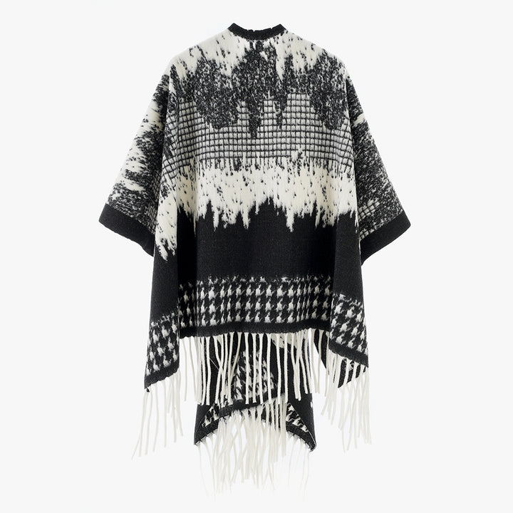 Women's Monochrome Jacquard Cape Poncho made of Wool Blend with Fringe and Oversize Fall Mune Fashion