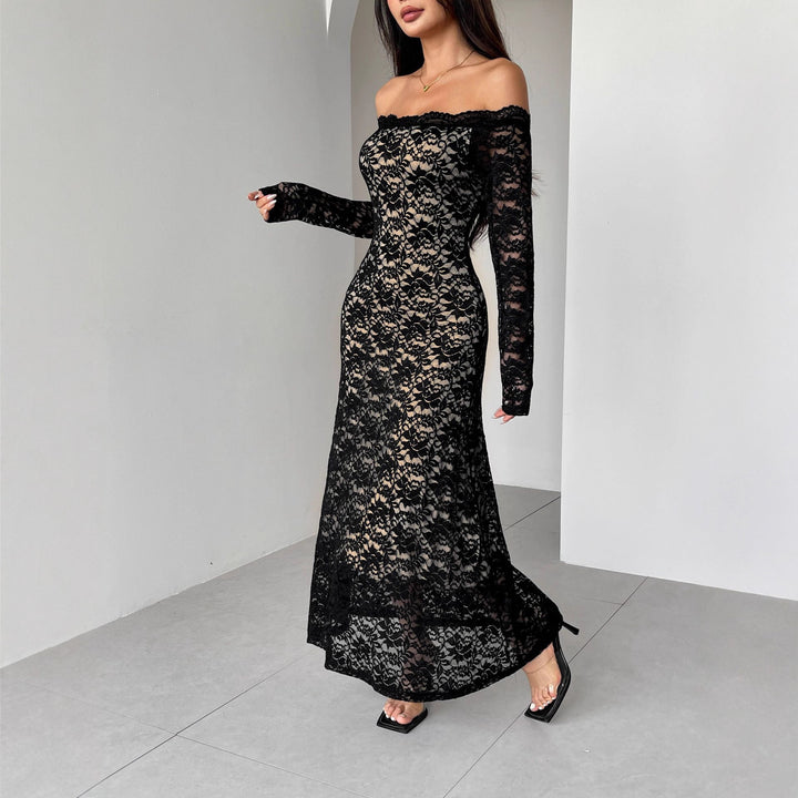 Women's off-the-shoulder lace midi dress with fine floral lace, lined inner layer, and tailored fit Mune Fashion