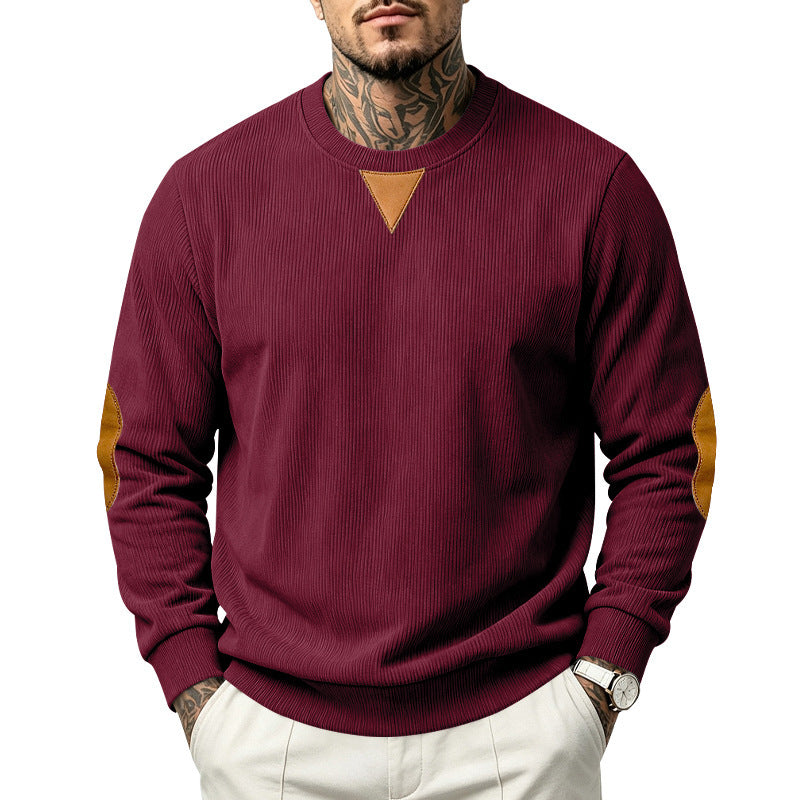 Men's Ribbed Sweatshirt with Leather Look Elbow Patches and Triangle Applique Mune Fashion