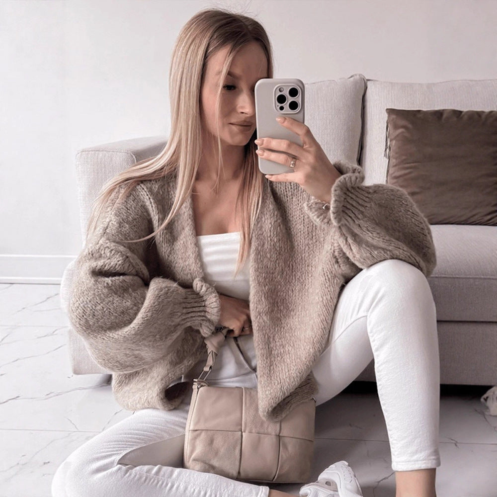 Women's Oversize Knit Cardigan with Voluminous Balloon Sleeves and Teddy-like Texture Mune Fashion