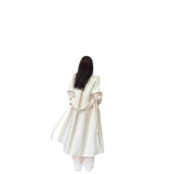 Ladies Mid-length Wrap Coat with Tied Belt and Shawl Collar Mune Fashion