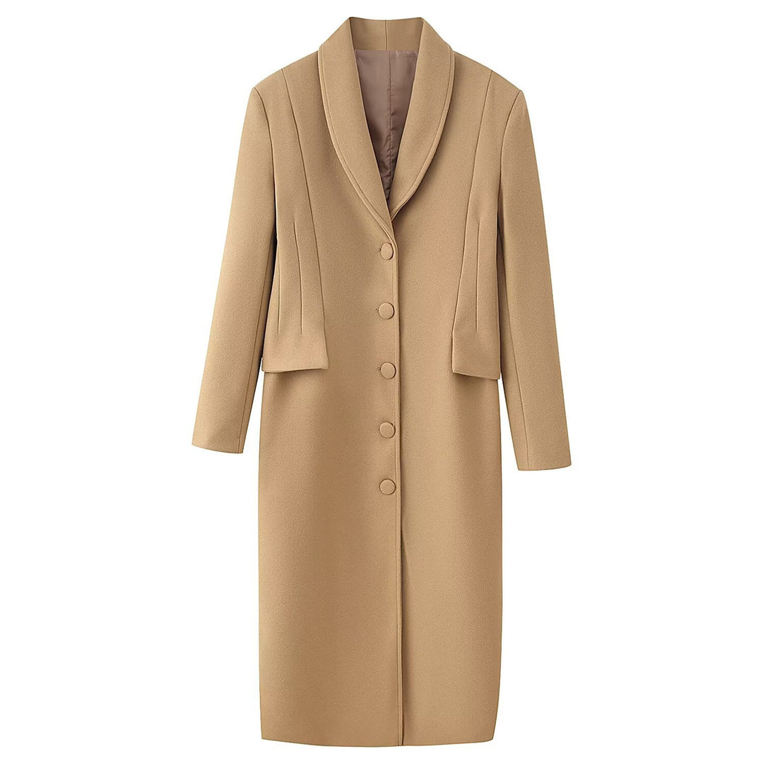 Women’s Longer Wool Blend Coat with Shawl Collar and Tailored Silhouette Mune Fashion