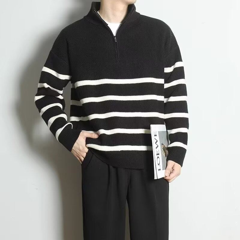 Men's chunky knit sweater with zipper and stripes Mune Fashion