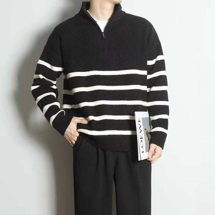 Men's chunky knit sweater with zipper and stripes Mune Fashion