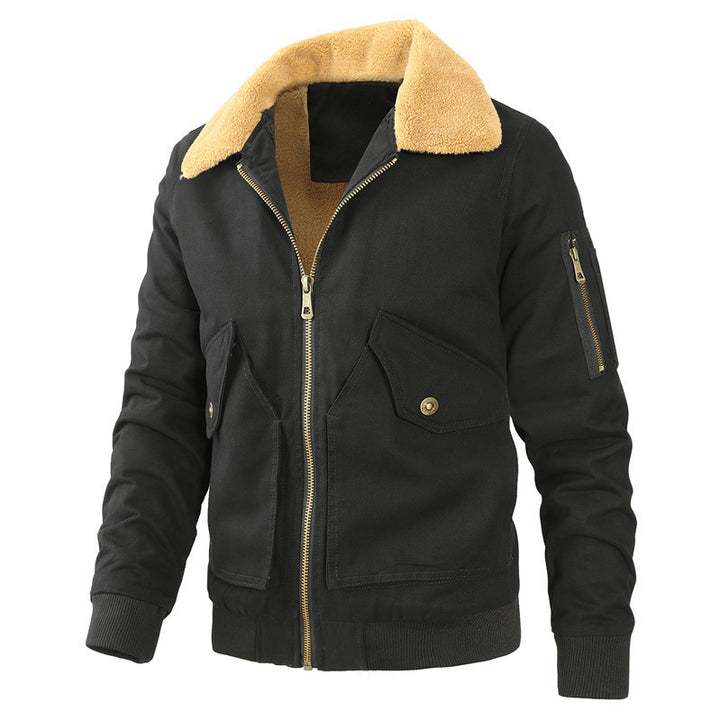 Men's canvas bomber jacket in work jacket style with warming lamb fleece collar and multiple pockets Mune Fashion