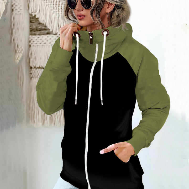 Women's hooded jacket with high stand-up collar, full-length zipper, and raglan sleeves Mune Fashion