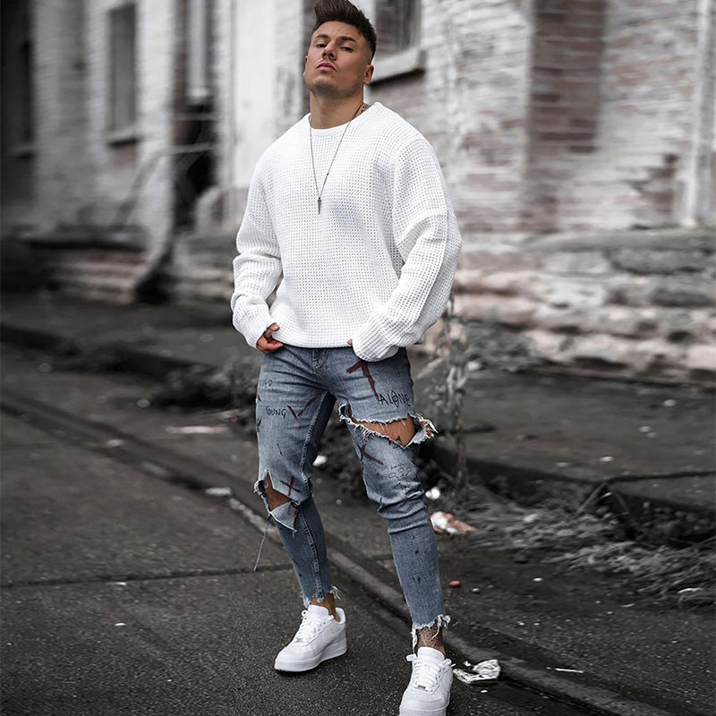 Men Breathable Waffle Knit Sweater Slim Fit with Ribbed Cuffs Mune Fashion