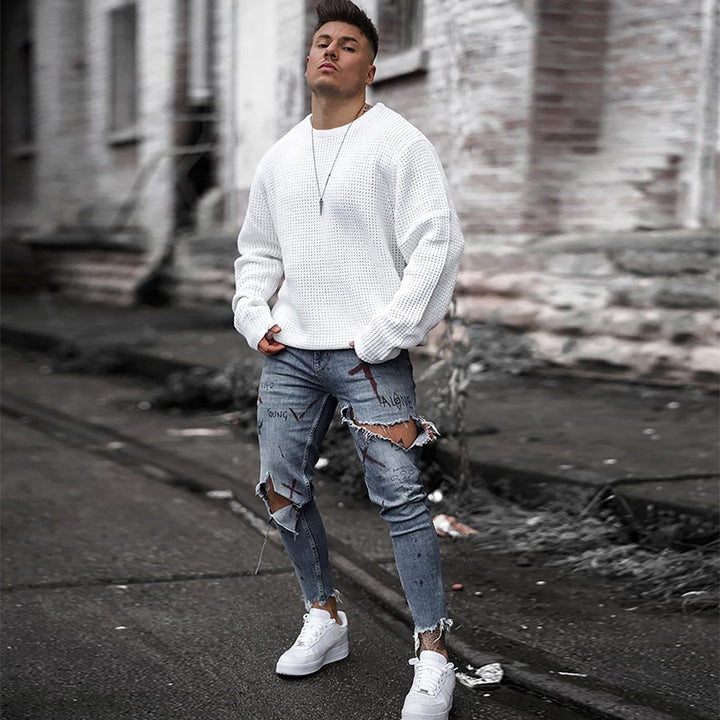 Men Breathable Waffle Knit Sweater Slim Fit with Ribbed Cuffs Mune Fashion