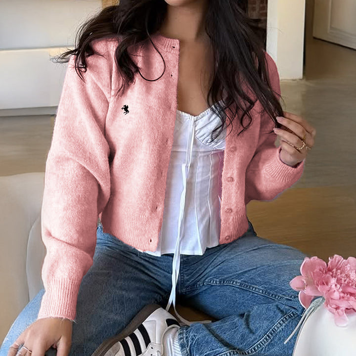 Women’s short fine knit cardigan with pearl buttons, round neck and delicate horse embroidery Mune Fashion