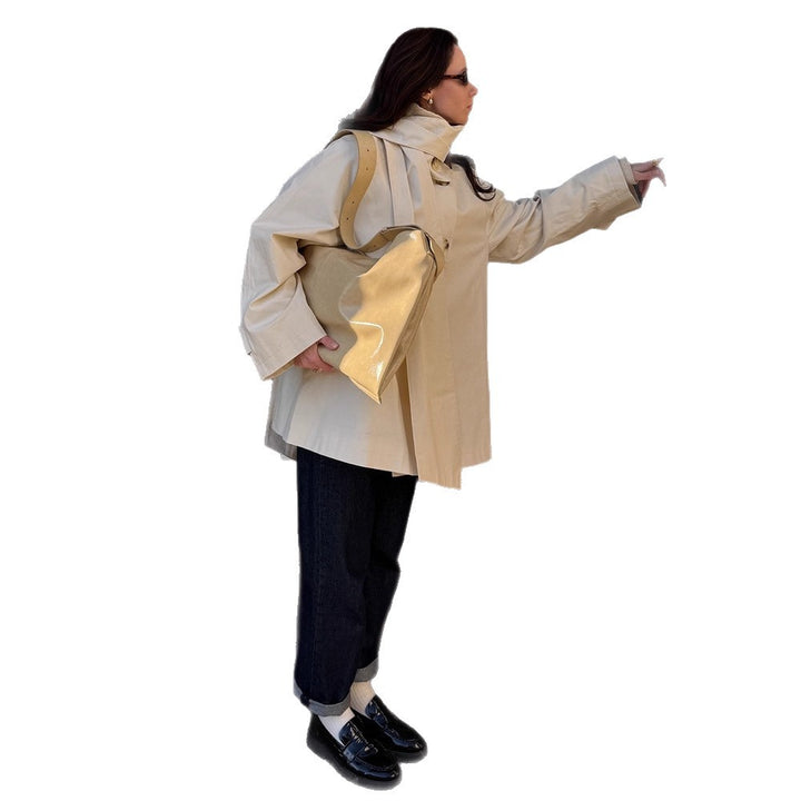 Ladies Short Oversize Trench Coat with High Stand-Up Collar, Concealed Button Placket & Wide Cuffs Mune Fashion