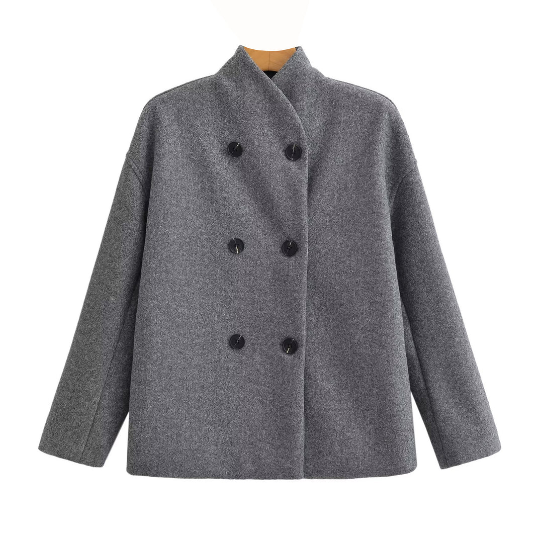 Women Oversized Double-Breasted Wool Coat with Stand-Up Collar Mune Fashion
