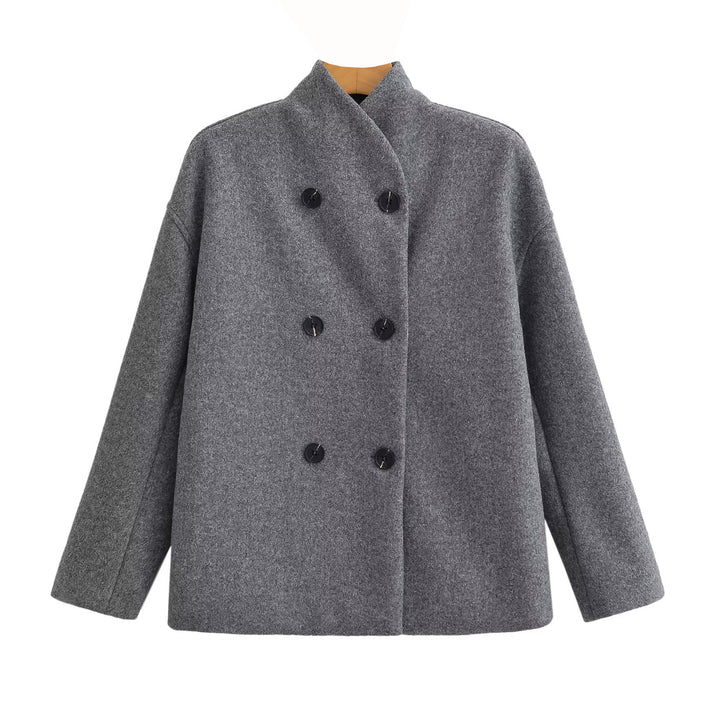 Women Oversized Double-Breasted Wool Coat with Stand-Up Collar Mune Fashion