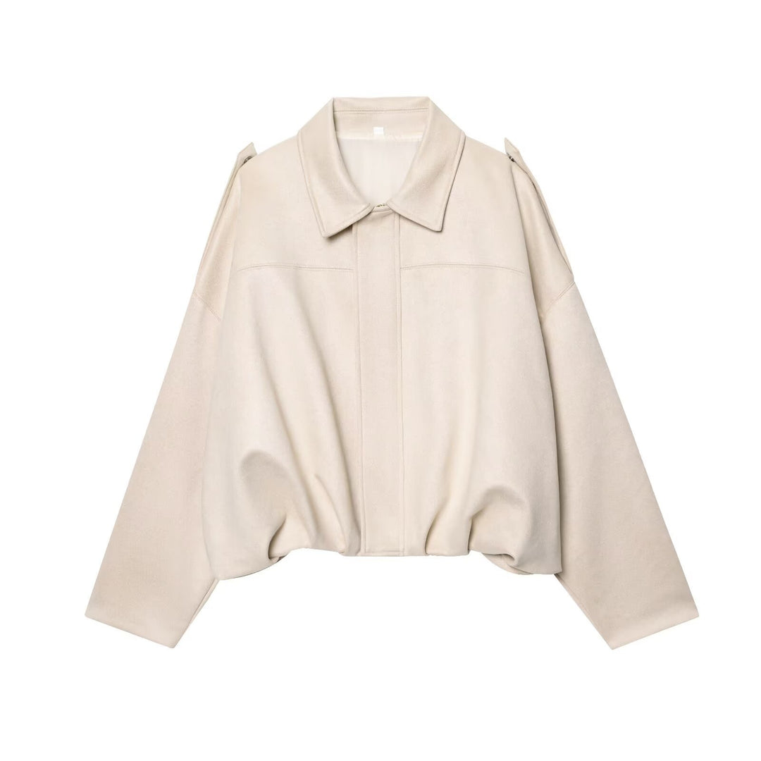 Women's Cropped Suede Look Blouson Jacket with Waist Smocking and Shoulder Patches Mune Fashion