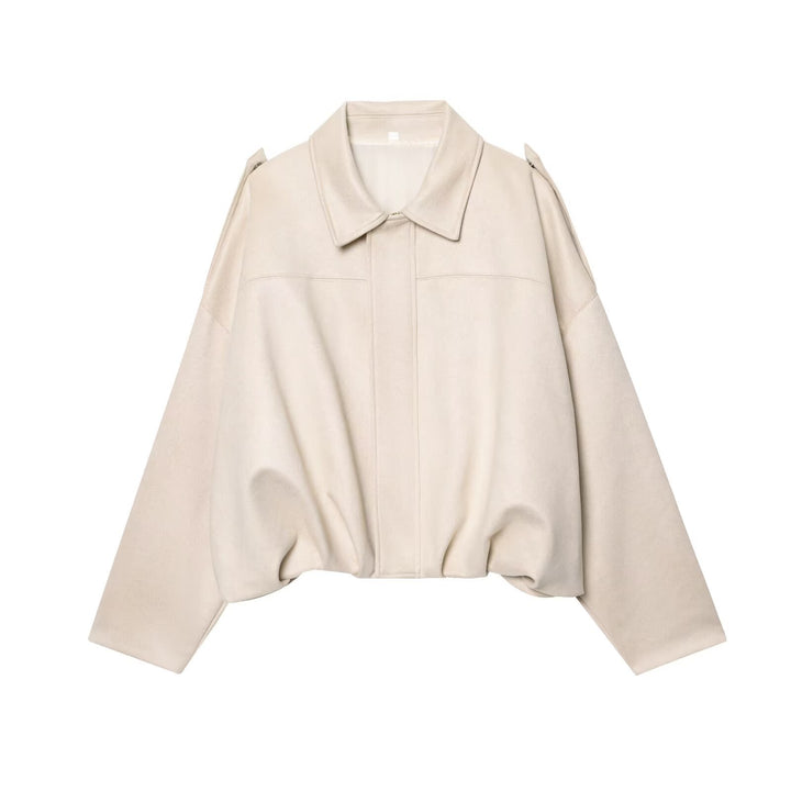 Women's Cropped Suede Look Blouson Jacket with Waist Smocking and Shoulder Patches Mune Fashion