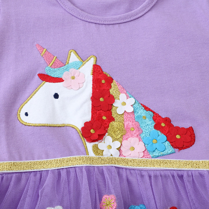 Girls Tulle Dress with Colorful Unicorn and Flower Appliqués Mune Fashion