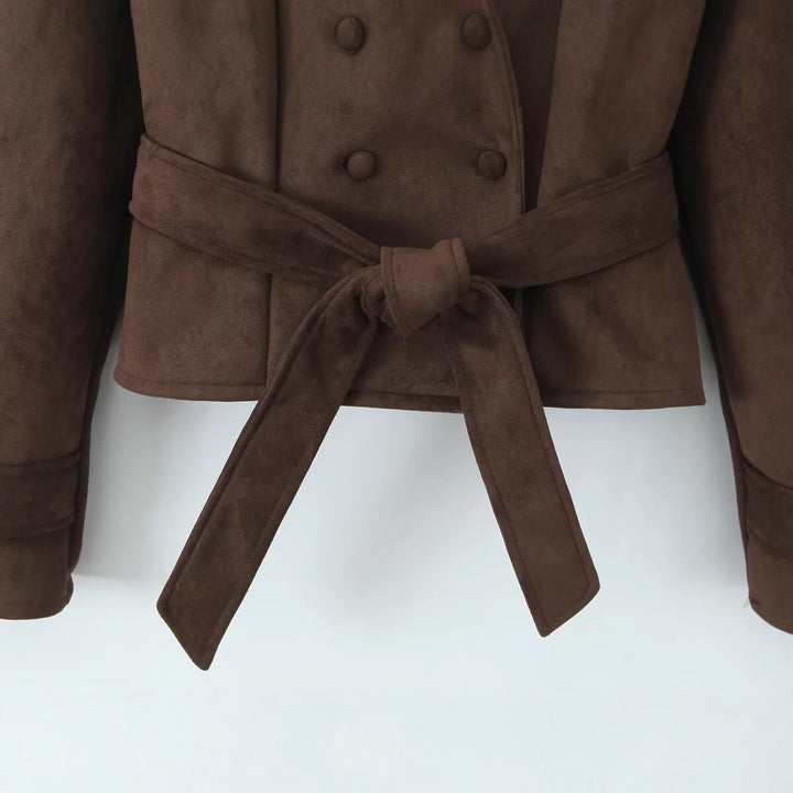 Women Short Tailored Velvet Suede Jacket with Tie Belt and Lapel Collar Mune Fashion