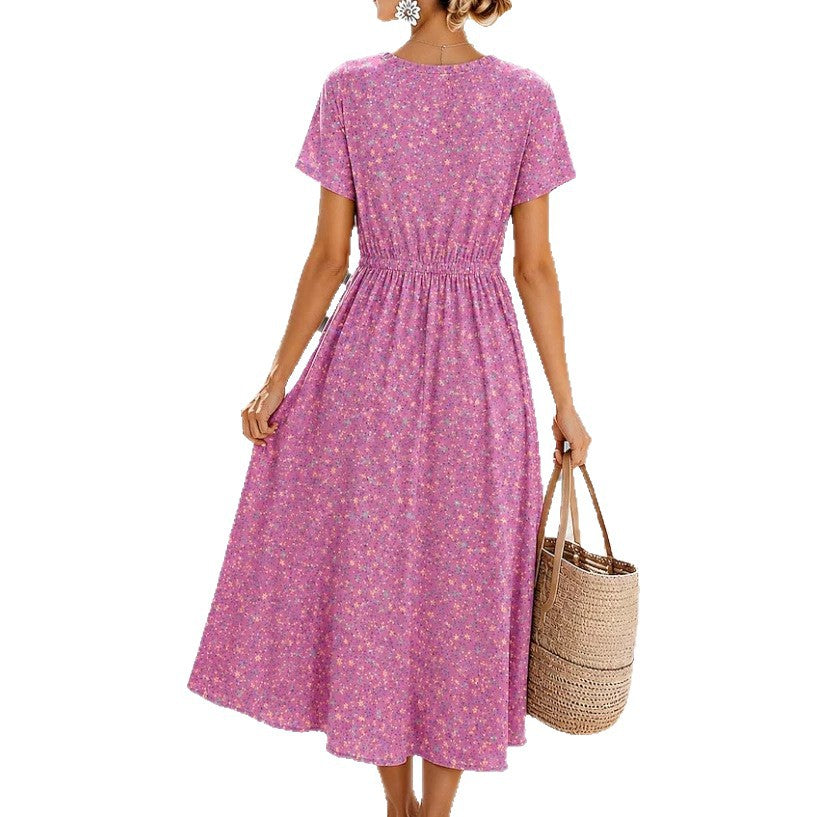 Ladies Midi Dress with Floral Allover Print, Drawstring Waistband and Button Placket Mune Fashion