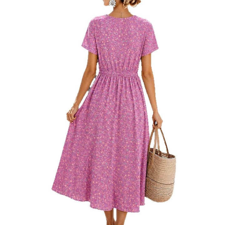 Ladies Midi Dress with Floral Allover Print, Drawstring Waistband and Button Placket Mune Fashion