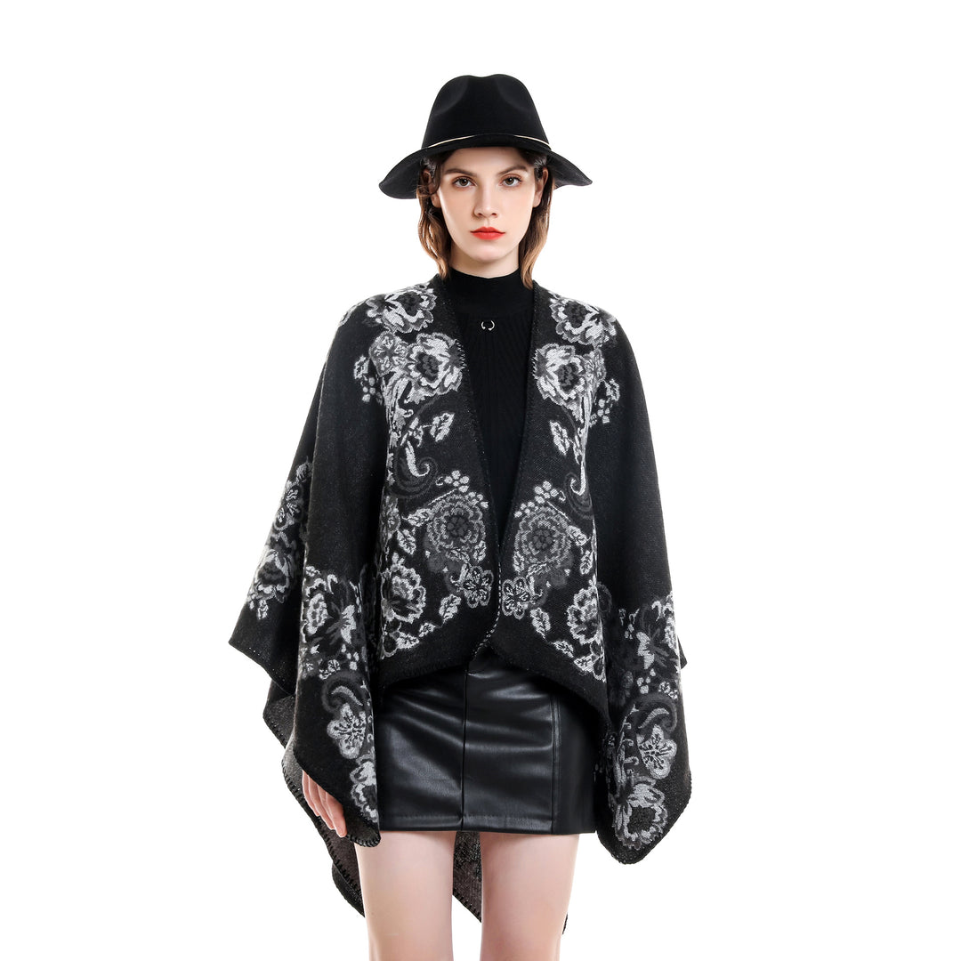 Women's Reversible Knit Cloak with Floral Jacquard Weave and Decorative Chain Stitching