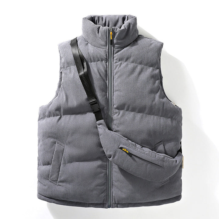 Men's Quilted Cord Sleeveless Thermal Vest with Stand Collar and Integrated Crossbody Bag Mune Fashion