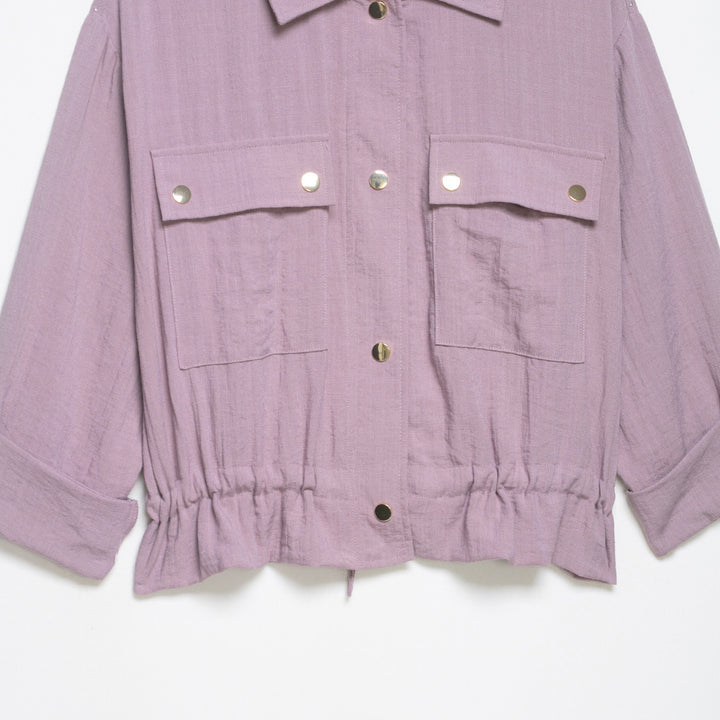 Women's Lightweight Shirt Blouse Utility Jacket with Drawstring Waist and Flap Pockets