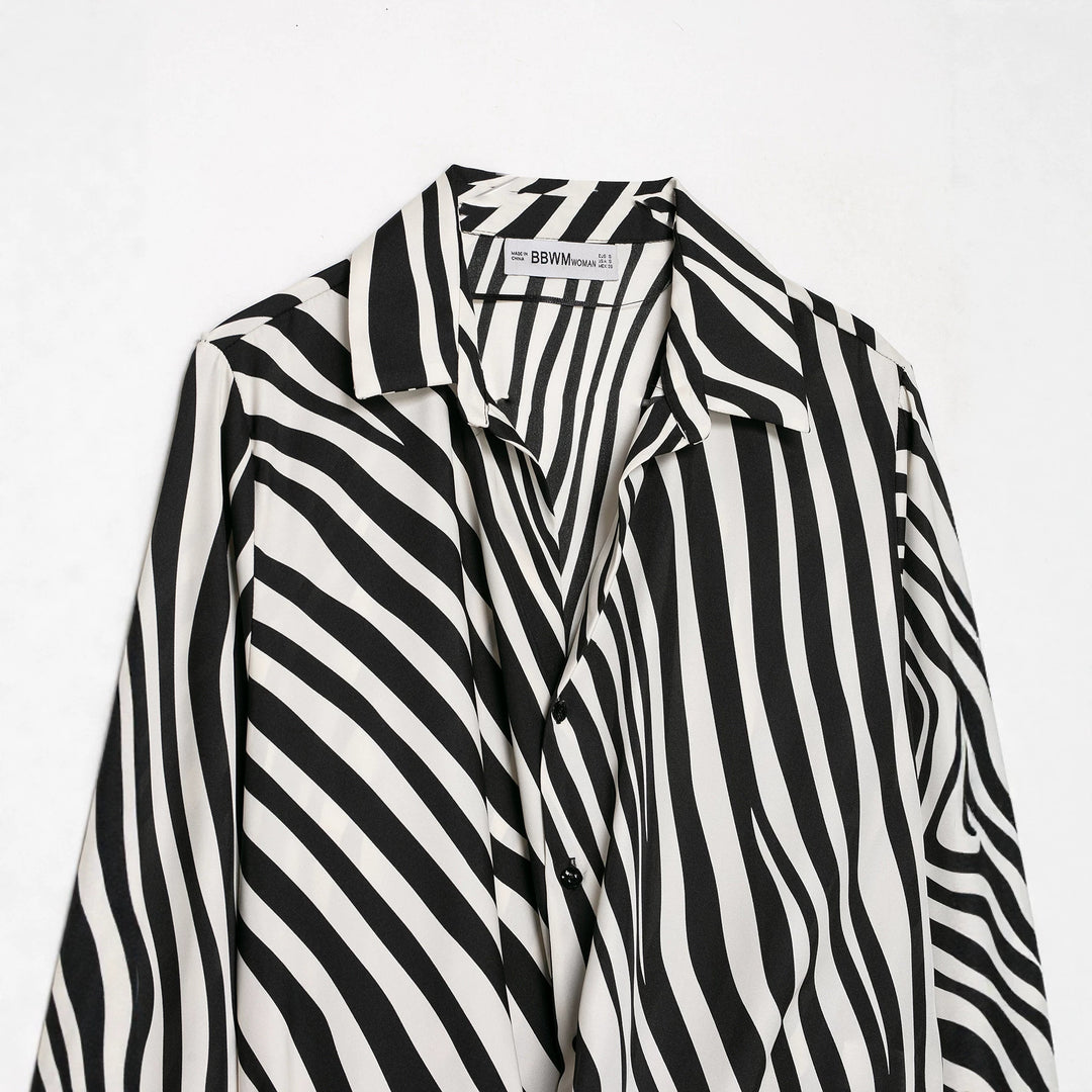 Women Striped Cropped Shirt Blouse with Feather Trim Mune Fashion