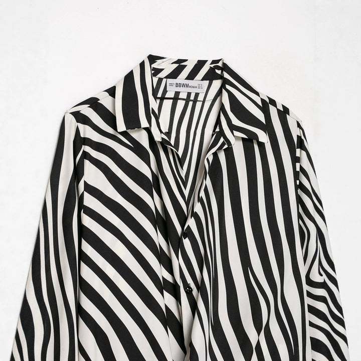 Women Striped Cropped Shirt Blouse with Feather Trim Mune Fashion