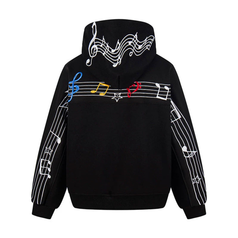 Women's Oversized Hoodie with Musical Notes Embroidery and Ribbed Hem Mune Fashion