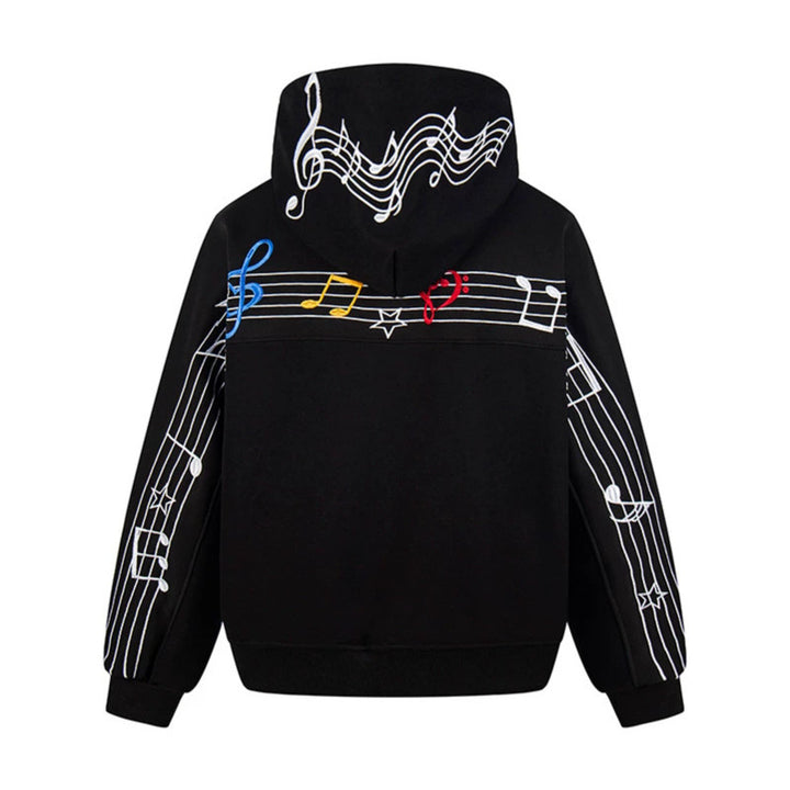 Women's Oversized Hoodie with Musical Notes Embroidery and Ribbed Hem Mune Fashion