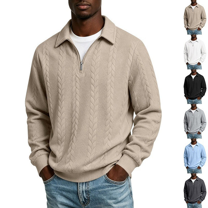 Men's cotton blend polo sweater with short front zip and cable knit pattern Mune Fashion