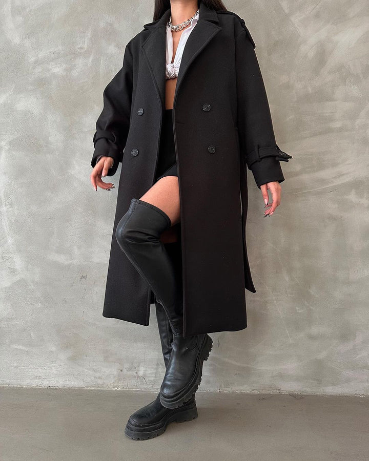 Women's Oversized Wool Blend Coat with Double-Breasted Button Placket and Waist Belt Mune Fashion