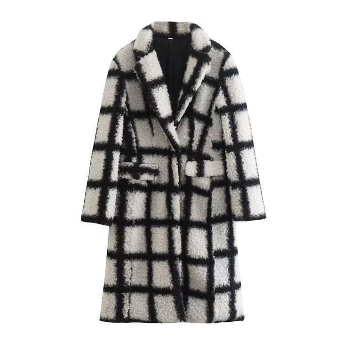 Ladies Long Checkered Teddy Coat with Revers Collar and Flap Pockets Mune Fashion