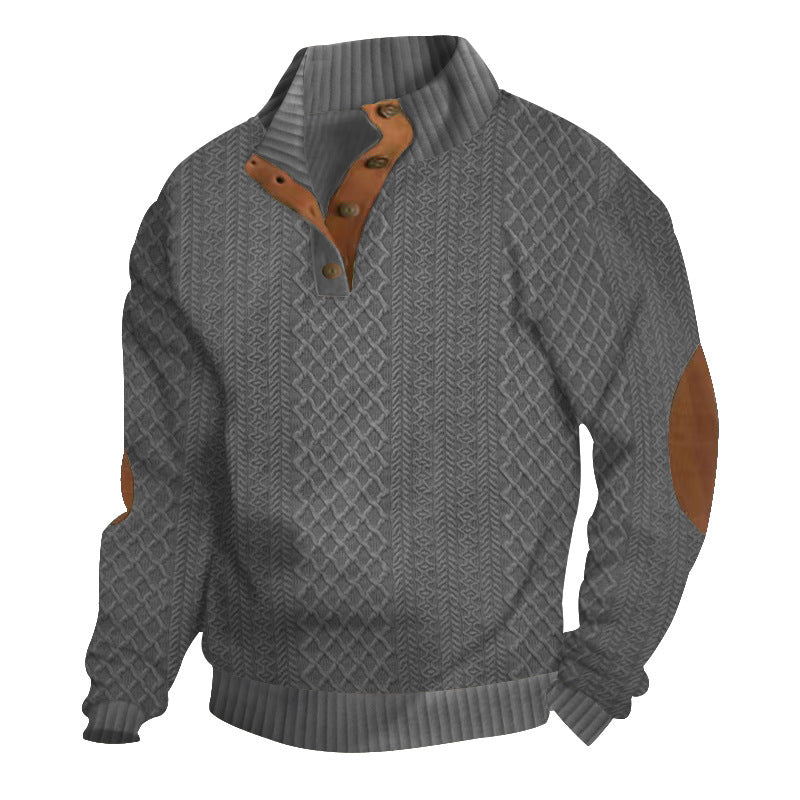 Men's Structured Aran Knit Sweater with Half Button Placket Collar and Leather Elbow Patches Mune Fashion