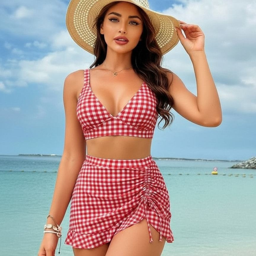 Women's Checkered Bikini Set with Playful Skirt Mune Fashion