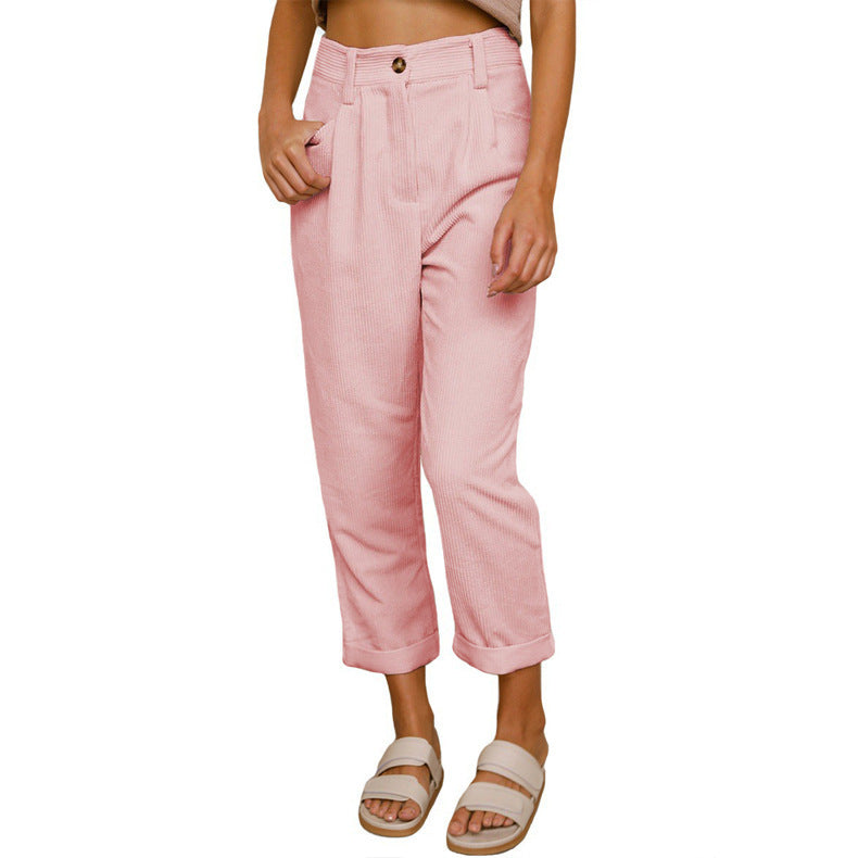 Women's Casual Corduroy Pants with High Waist, Loose Tapered Fit, and Cuffed Hem Mune Fashion