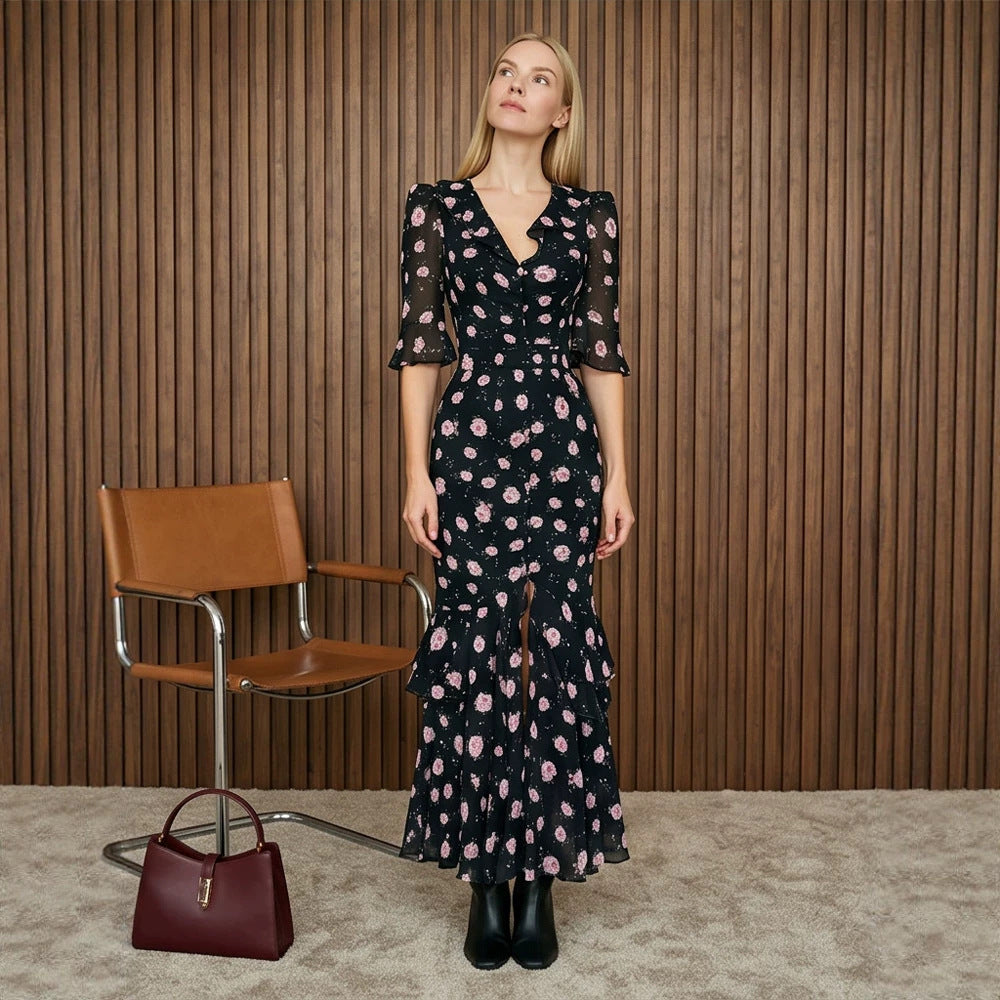 Women Tailored Chiffon Midi Dress with V-Neck, Three-Quarter Sleeves and Tiered Ruffles
