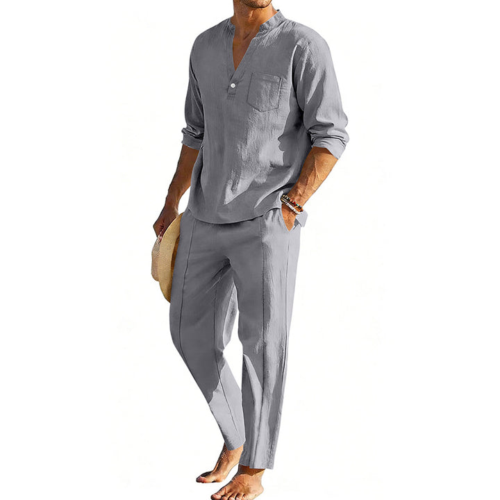 Men's comfortable linen two-piece with stand-up collar shirt and tapered ankle-length pants Mune Fashion