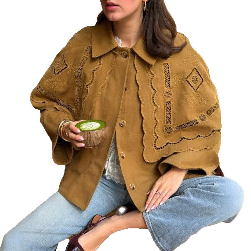 Women's short jacket with embroidered cape, eyelet embroidery and curved hem Mune Fashion