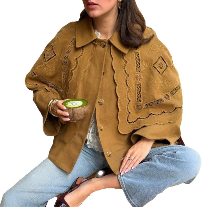 Women's short jacket with embroidered cape, eyelet embroidery and curved hem Mune Fashion