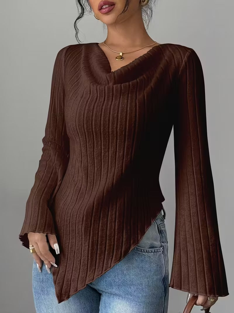 Women Asymmetrical Ribbed Fine Knit Sweater with V-Neck Mune Fashion