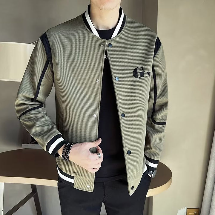 Men's Lightweight Varsity Bomber Jacket with Textured Fabric, Ribbed Cuffs and Snap Front Mune Fashion